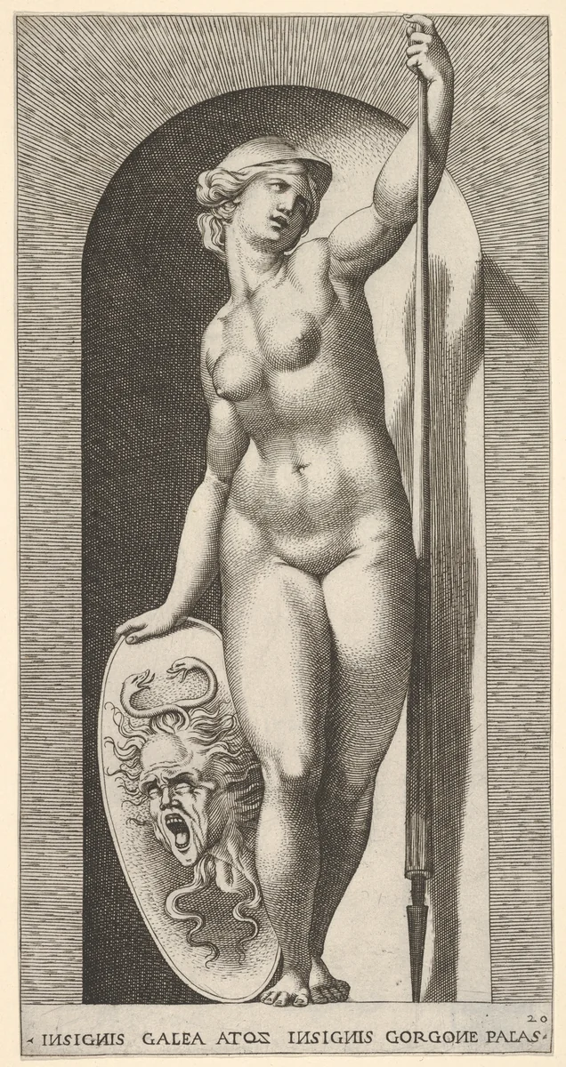 Plate 20: Pallas Athena holding a shield with Medusa's head in her right hand and a lance in her left hand, from "Mythological Gods and Goddesses" by Giovanni Jacopo Caraglio, print, 1526