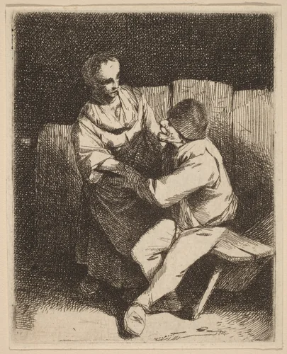 The Refused Caress by Cornelis Bega, print, 1631-1664