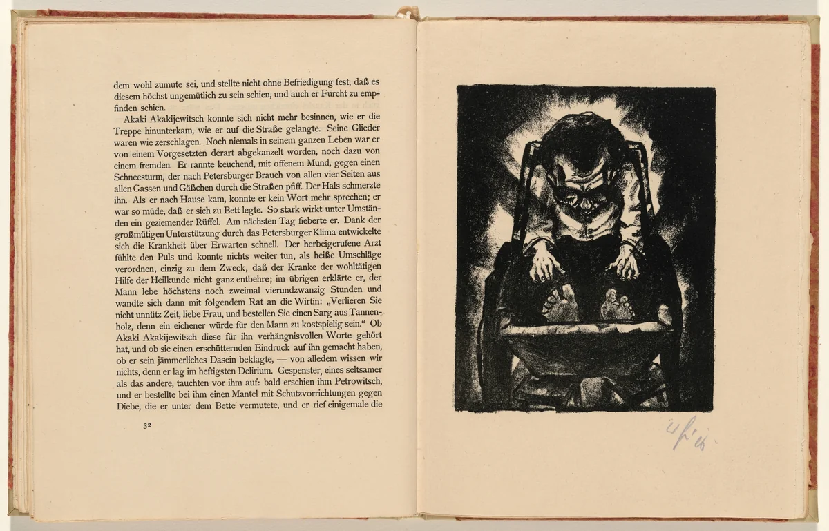 Akaki im Sarg aus Fichtenholz (Akaki in a Coffin of Spruce) (plate 10) from Der Mantel (The Coat) by Walter Gramatté, volume, 1919