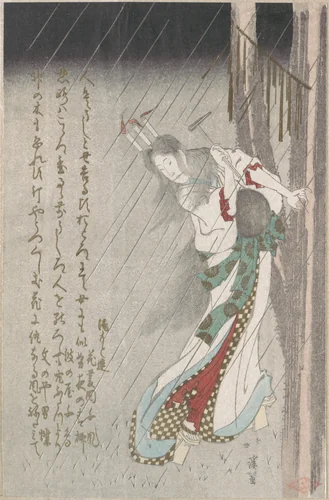 Woman in the Rain at Midnight Driving a Nail into a Tree to Invoke Evil on Her Unfaithful Lover by Totoya Hokkei (魚屋北渓), print, 1800-1899