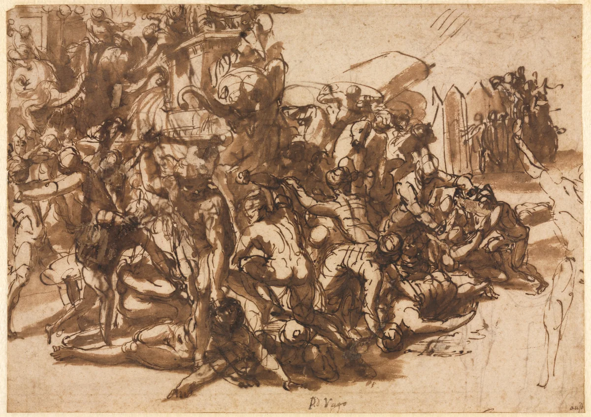 Poros Assailed by the Macedonian Army (recto) by Perino del Vaga, drawing, 1545-1547