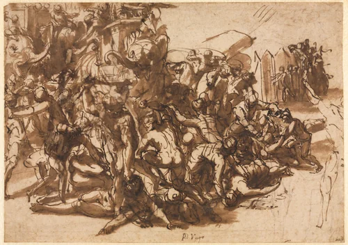 Poros Assailed by the Macedonian Army (recto) by Perino del Vaga, drawing, 1545-1547