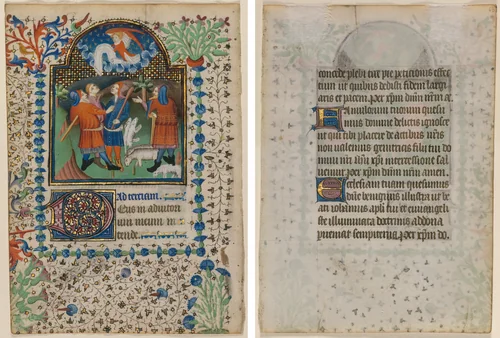 Leaf from a Book of Hours: Annunciation to the Shepherds (recto) and Text (verso) by Boethius Illuminator, manuscript, 1405-1425