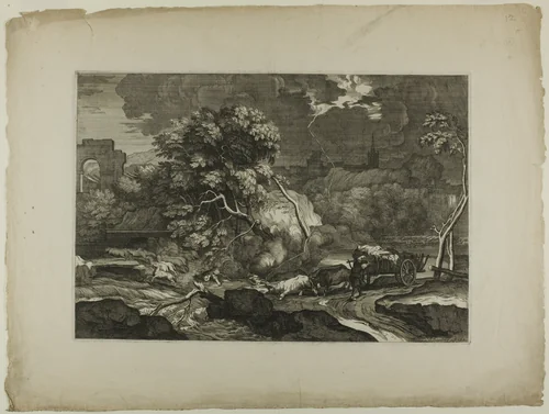 Cart Drawn by Two Pairs of Oxen in a Storm by Sébastien Bourdon, print, 1601-1700