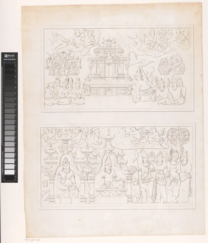 Reliëf met Boeddhistische goden, mogelijk van de tempel Candi Mendut by Andries Wiemans, print, 1836-1858