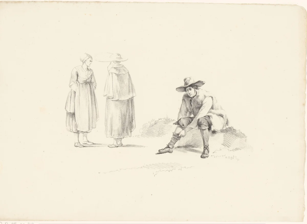 Twee vrouwen in gesprek en een zittende man by Pieter Veldhuijzen, print, 1831-1832