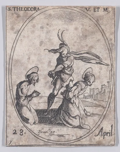 Ste. Théodore, vierge et martyre (St. Theodora, Virgin and Martyr), April 28th, from "Les Images De Tous Les Saincts et Saintes de L'Année" (Images of All of the Saints and Religious Events of the Year) by Jacques Callot, print, 1636