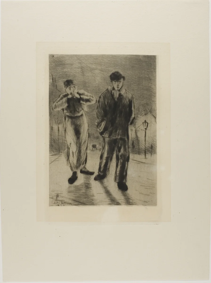 Plate from l'Assommoir (two boys on gaslit street) by Gaston La Touche, print, 1878