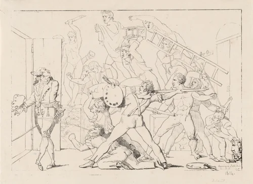 Jean-Philippe-Guy Le Gentil, Comte de Paroy, Expelled from David's Studio by Pierre-Nolasque Bergeret, Charles Porphyre Alexandre Desains, print, 1811-1821