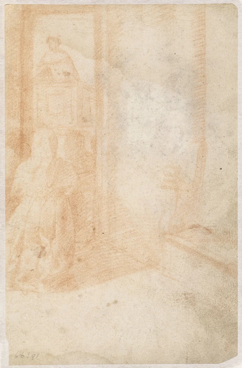 Doorkijkje naar een prediker op de kansel by Domenico Beccafumi, drawing, 1500-1551