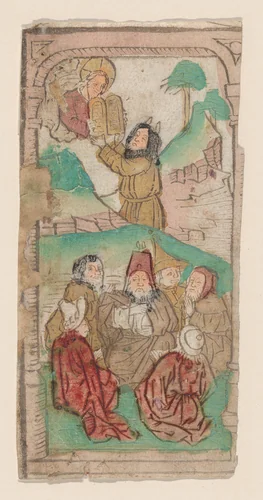 Moses Receiving the Law, illustration from a "Biblia Pauperum" blockbook, fourth edition by anonymous, print, 1460-1470