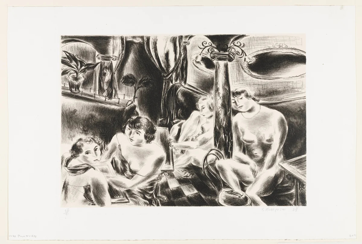 Four Nudes - (Café on the Boulevard Clichy) by Yasuo Kuniyoshi, print, 1928