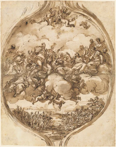 Cloud-Borne Saints above a Lake by Nicola Malinconico, drawing, 1690-1700
