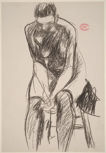 Untitled [female nude in stockings leaning forward on a stool] by Richard Diebenkorn, drawing, 1955-1967