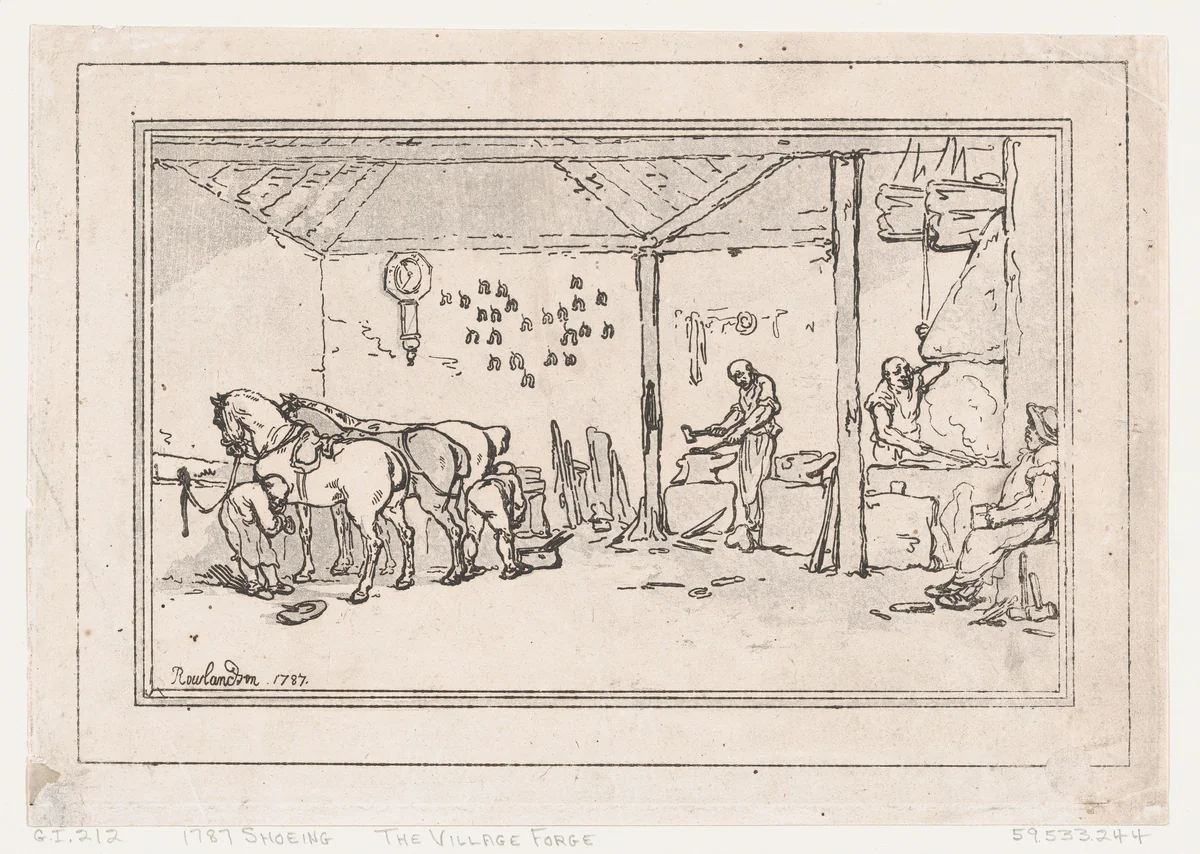 Shoeing: The Village Forge (A Farrier's Shop) by Thomas Rowlandson, print, 1787