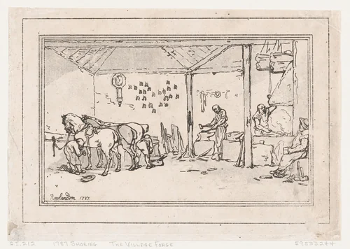 Shoeing: The Village Forge (A Farrier's Shop) by Thomas Rowlandson, print, 1787