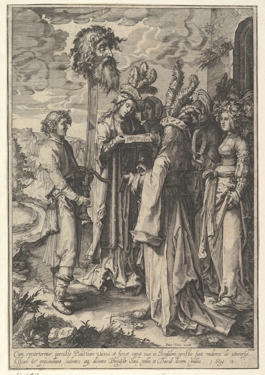The Hymn of the Daughters of Israel and David (copy) by Jan Saenredam, print, 1560-1607