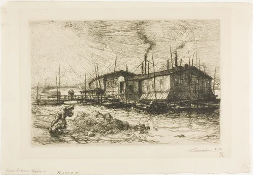 Old Laundry Boats at Grenelle by Louis Auguste Lepère, print, 1908