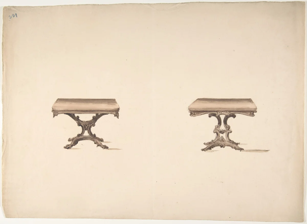 Design for Two Square Tables with Carved Legs by anonymous, drawing, 1800-1850