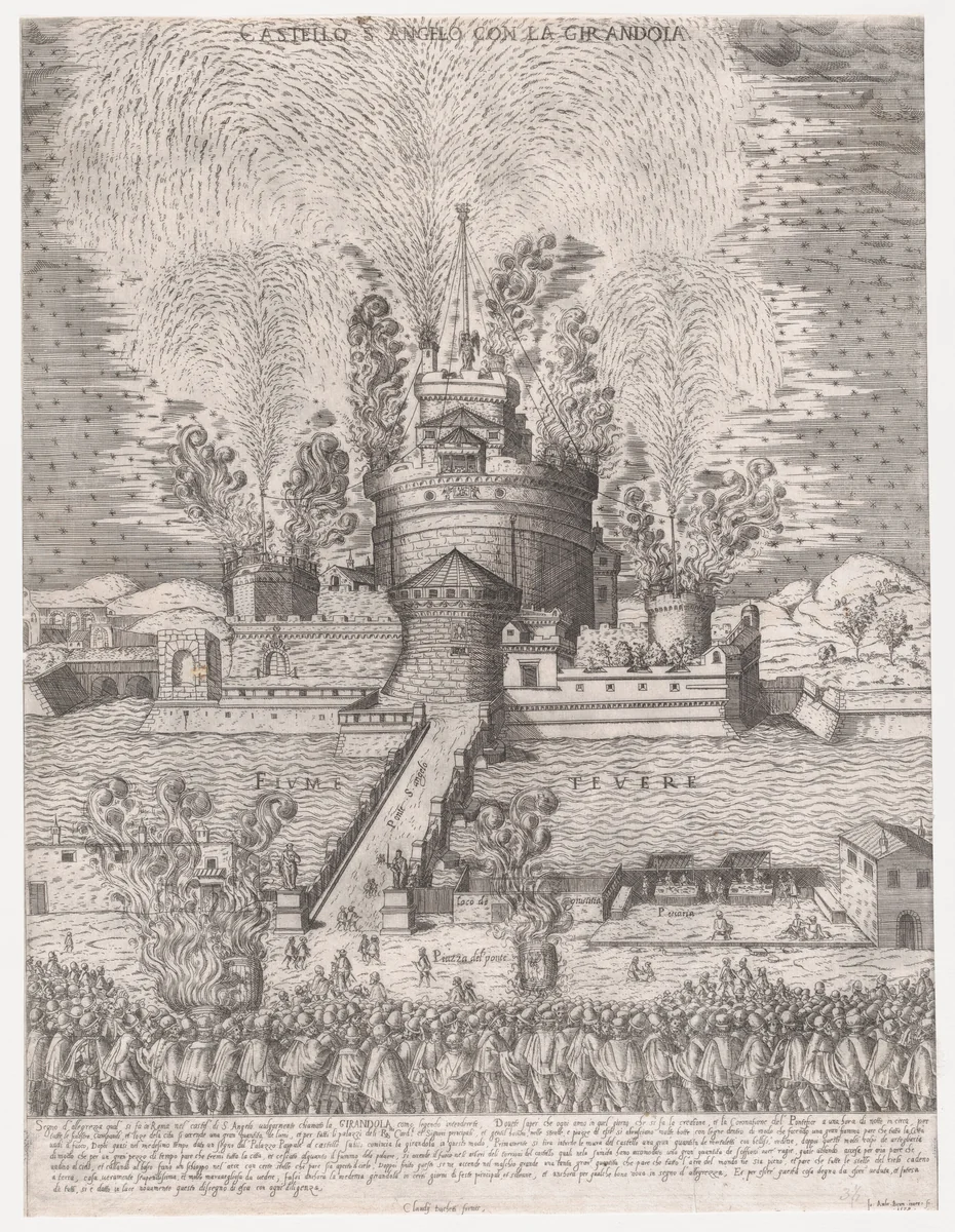 The Girandola at the Castel Sant'Angelo, Rome, from "Speculum Romanae Magnificentiae" by Giovanni Ambrogio Brambilla, print, 1579