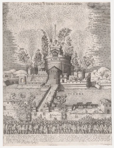 The Girandola at the Castel Sant'Angelo, Rome, from "Speculum Romanae Magnificentiae" by Giovanni Ambrogio Brambilla, print, 1579