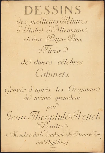 Dessins des meilleurs Peintres d'Italie, d'Allemagne et des Pay-Bas Tirés de divers célebres Cabinets (Drawings by the Best Painters of Italy, Germany and the Netherlands, Taken from Various Famous Cabinets) by Johann Gottlieb Prestel
Maria Catharina Prestel
Regina Schönecker
Johann Georg Sturm
Heinrich Sebastian Hüsgen, portfolio, 1782-1785