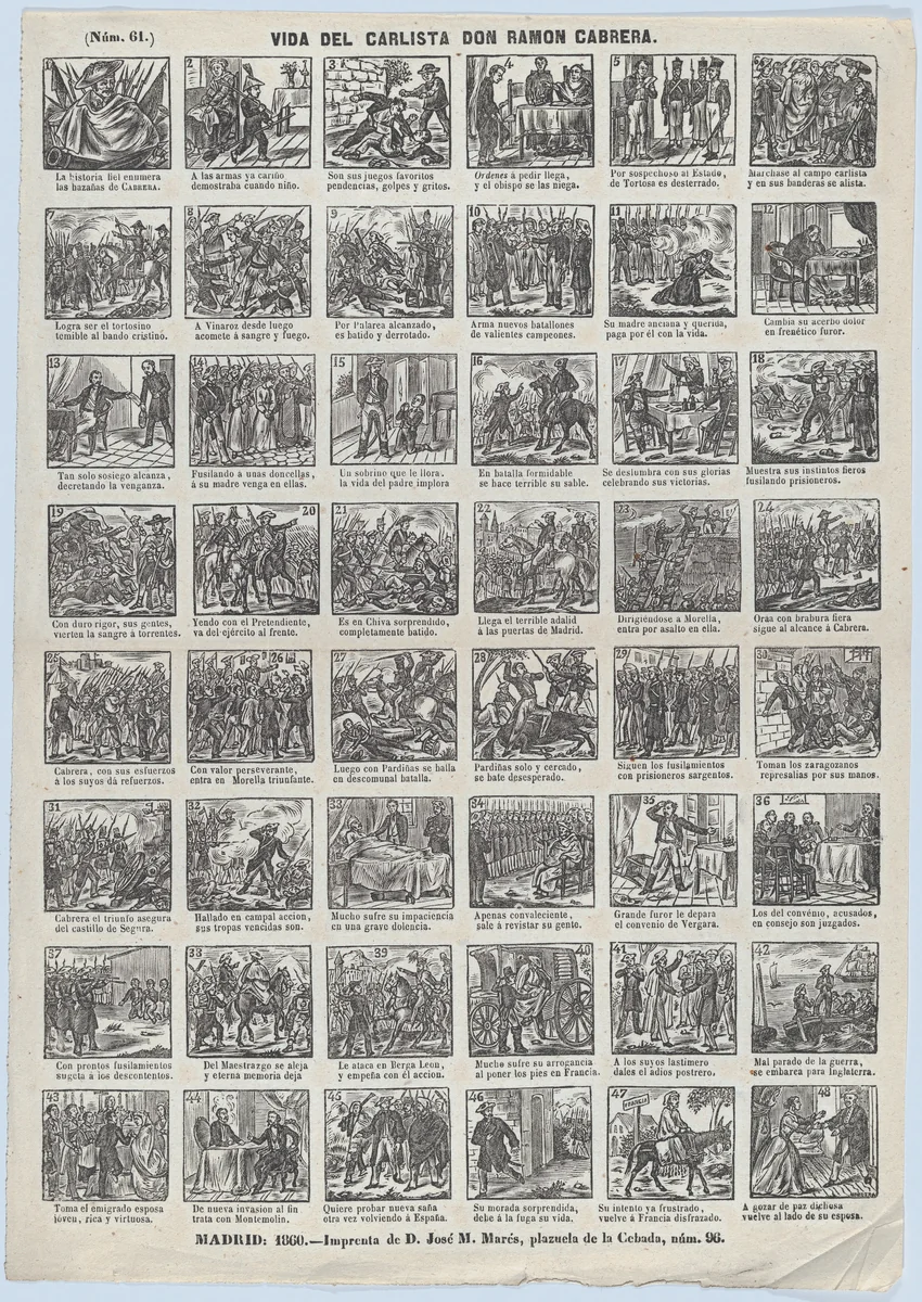 Broadside with 48 scenes relating to life of the Carlist general of Spain, Ramon Cabrera y Griñó by José Noguera, print, 1860