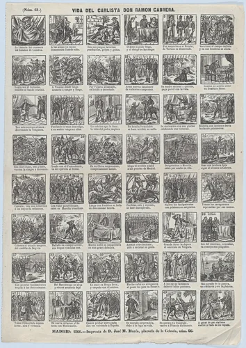 Broadside with 48 scenes relating to life of the Carlist general of Spain, Ramon Cabrera y Griñó by José Noguera, print, 1860
