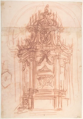 Design for a Catafalque (recto); Female Saint Kneeling on Clouds under an Arch, and a Design for the Pinnacle of the Catafalque (verso) by Baldassarre Franceschini, drawing, 1664-1674