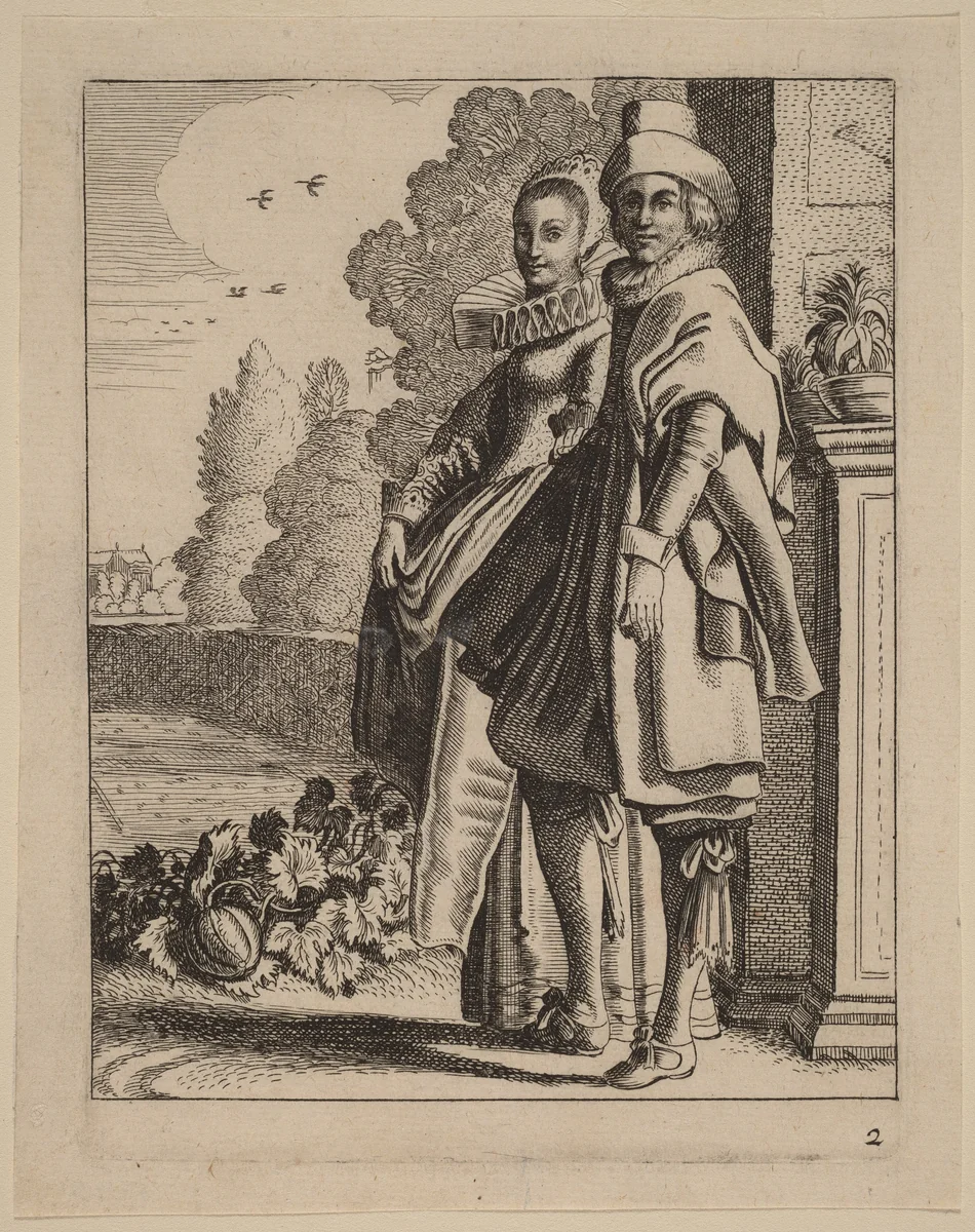 Two Figures in Costume by Jan van de Velde Claes Jansz Visscher, print, 1593-1641