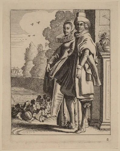 Two Figures in Costume by Jan van de Velde Claes Jansz Visscher, print, 1593-1641