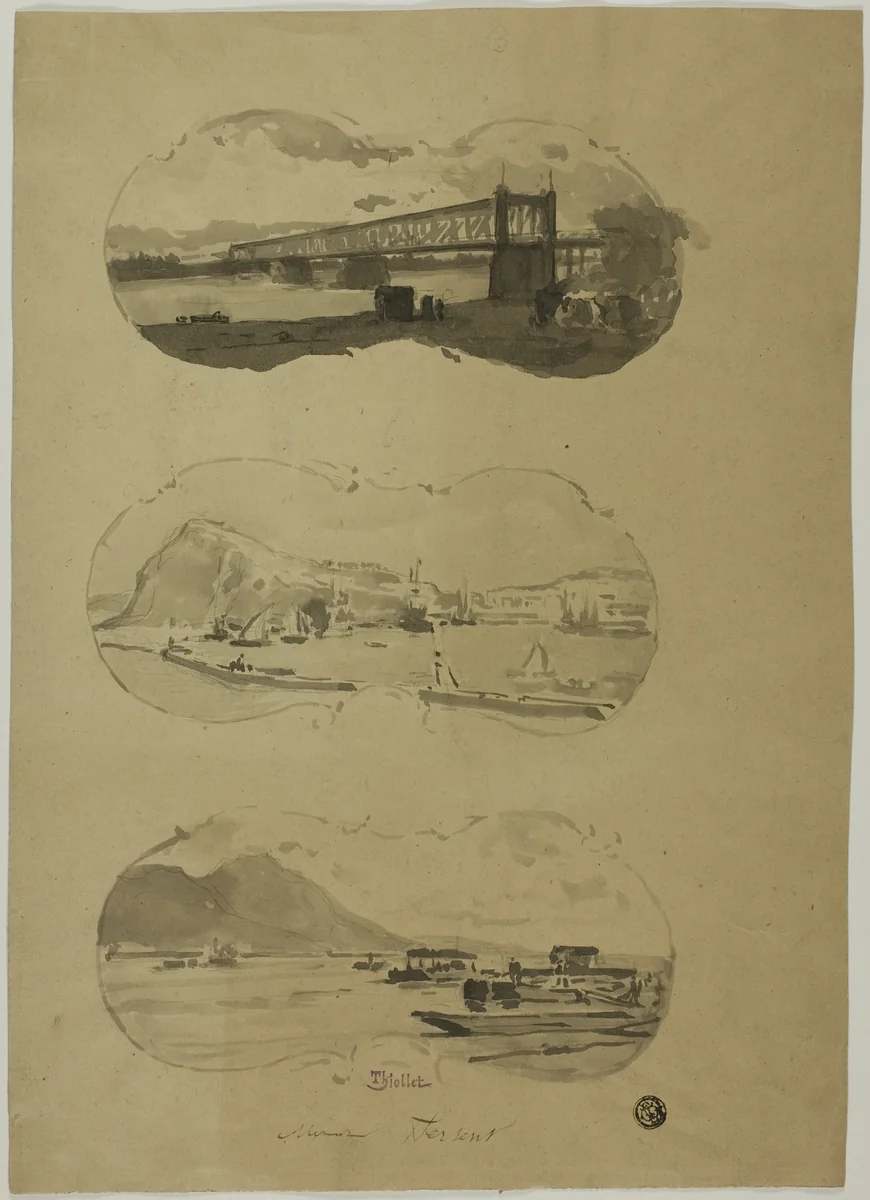 Two Views of Ports, one View of River with Bridge by Alexandre Thiollet, drawing, 1844-1895