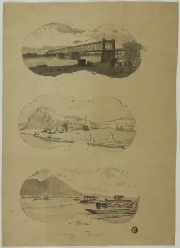 Two Views of Ports, one View of River with Bridge by Alexandre Thiollet, drawing, 1844-1895
