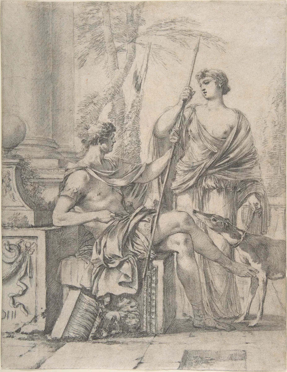 Cephalus Receiving the Spear and Hound from Procris by Laurent de La Hyre, drawing, 1639-1649