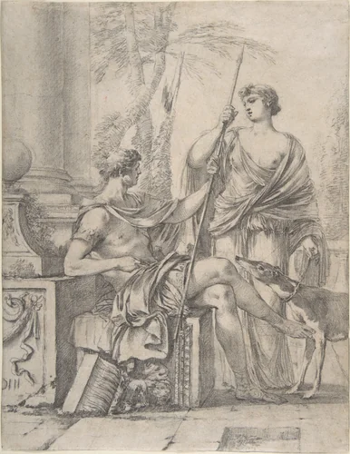 Cephalus Receiving the Spear and Hound from Procris by Laurent de La Hyre, drawing, 1639-1649