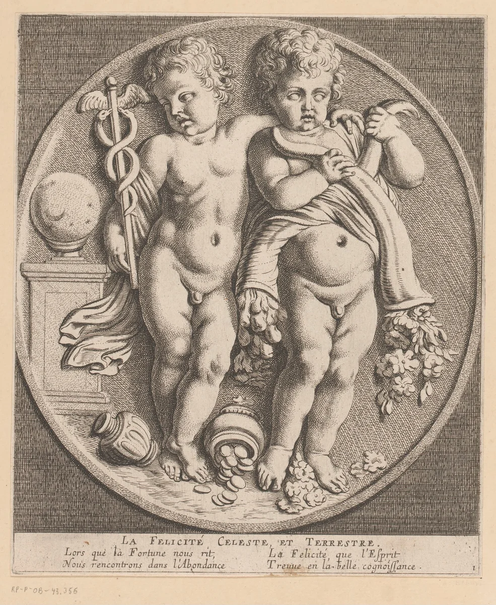 Hemelse en aardse geluk verbeeld door twee putti by Louis Ferdinand I Elle, print, 1654
