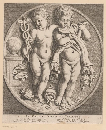 Hemelse en aardse geluk verbeeld door twee putti by Louis Ferdinand I Elle, print, 1654