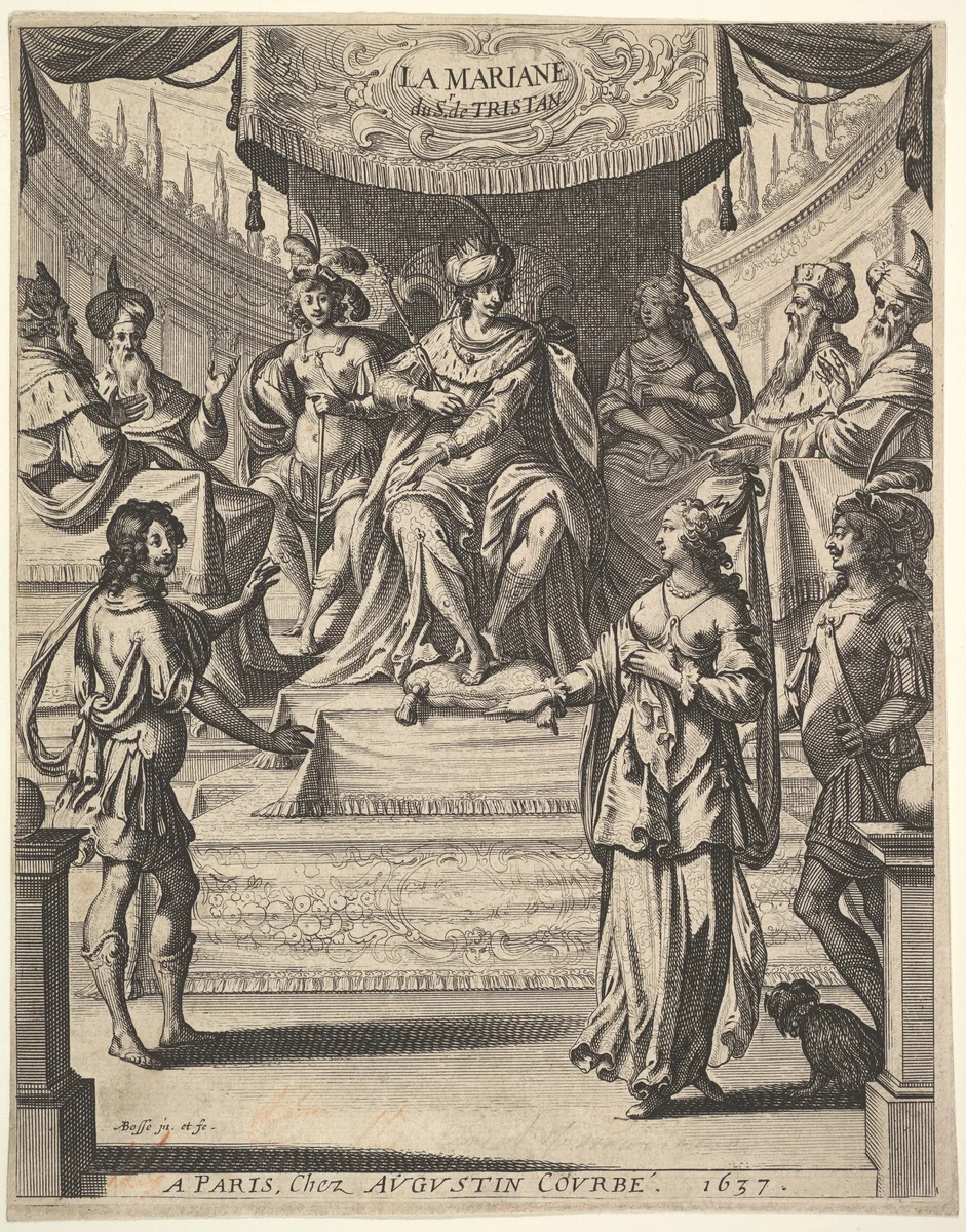 Frontispiece for "Tristan L'Hermite": Marianne standing to right before Herod and his court at top center, being accused by the butler at left of poisoning her husband by Abraham Bosse, print, 1637