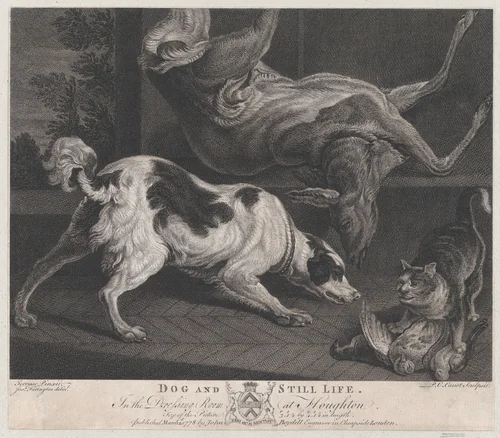 Dogs and Still Life by Pierre-Charles Canot, print, 1778