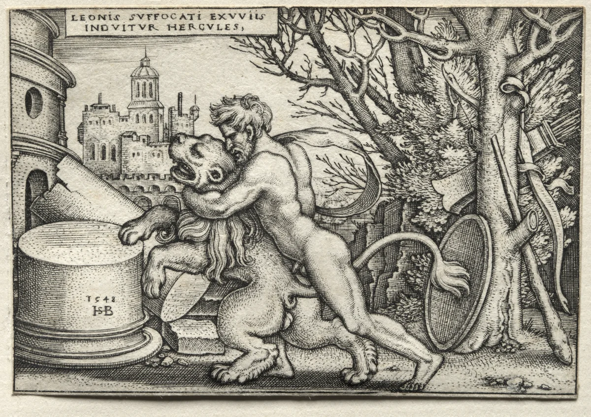The Labors of Hercules: Hercules Strangling the Nemean Lion by Hans Sebald Beham, print, 1548