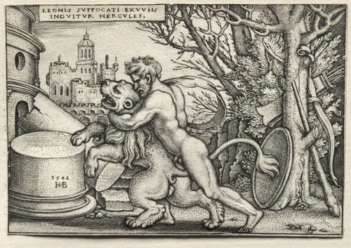 The Labors of Hercules: Hercules Strangling the Nemean Lion by Hans Sebald Beham, print, 1548