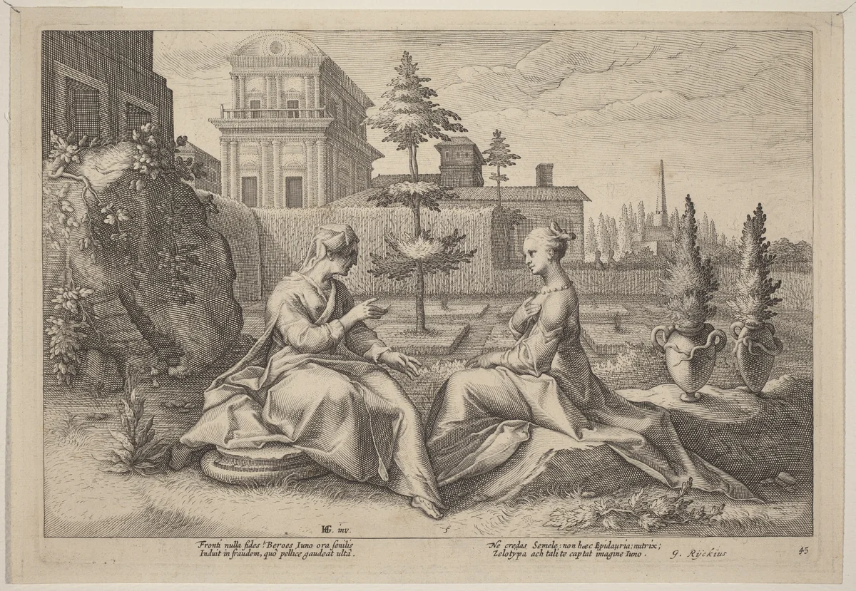 Juno in the Form of Beroe, Warning Semele by Hendrick Goltzius, print, 1610-1620