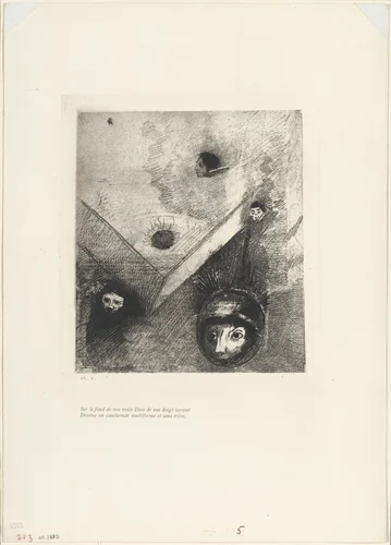 On the Backdrop of Our Nights God with His Knowing Finger Traces a Multiform Implacable Nightmare, plate 6 of 9 by Odilon Redon, print, 1890
