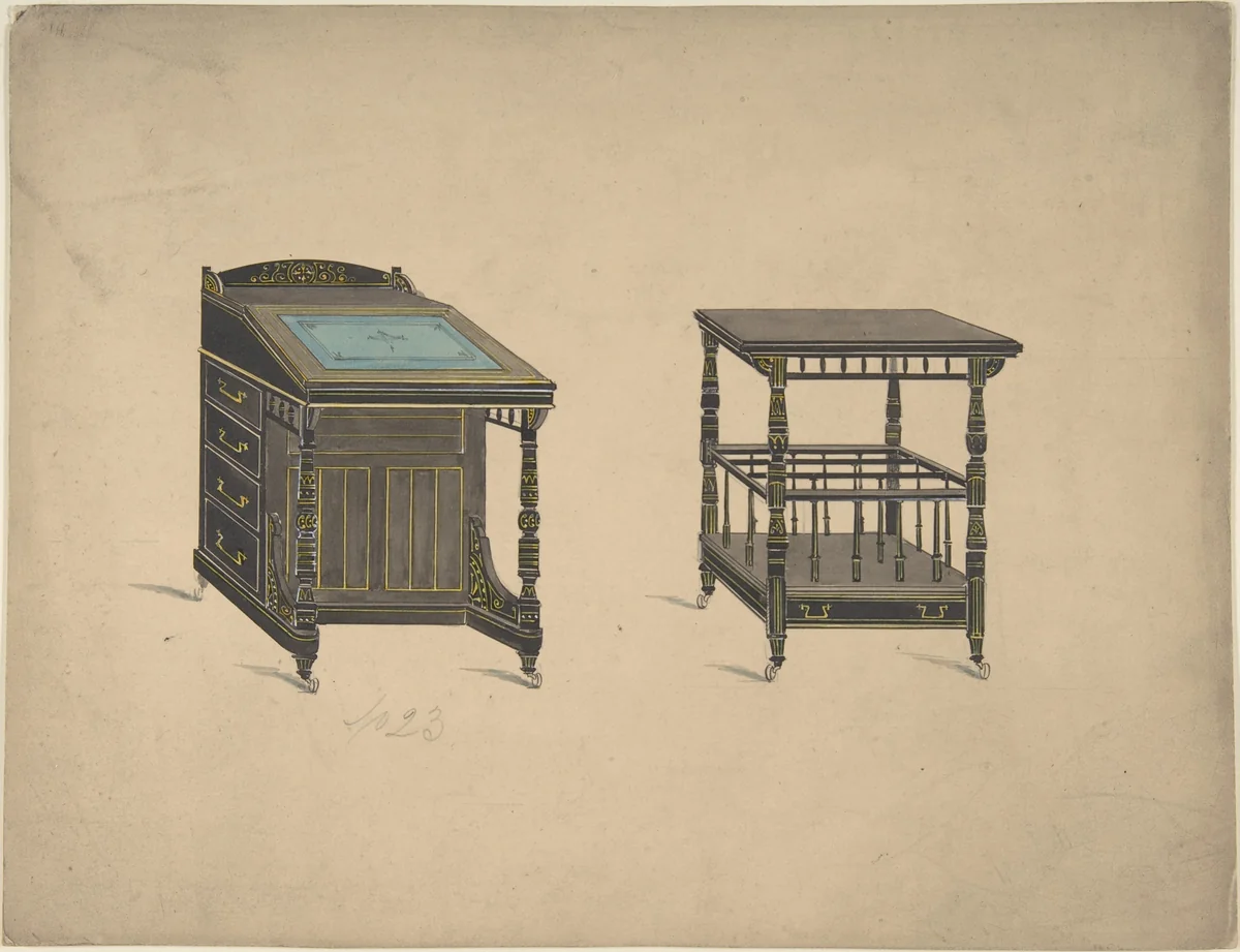 Design for a Desk on Wheels and a Canterbury Table on Wheels by anonymous, drawing, 1800-1899