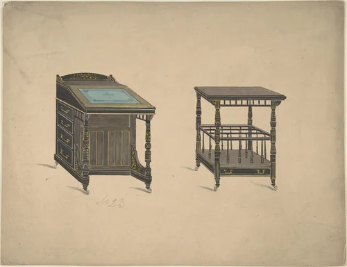 Design for a Desk on Wheels and a Canterbury Table on Wheels by anonymous, drawing, 1800-1899