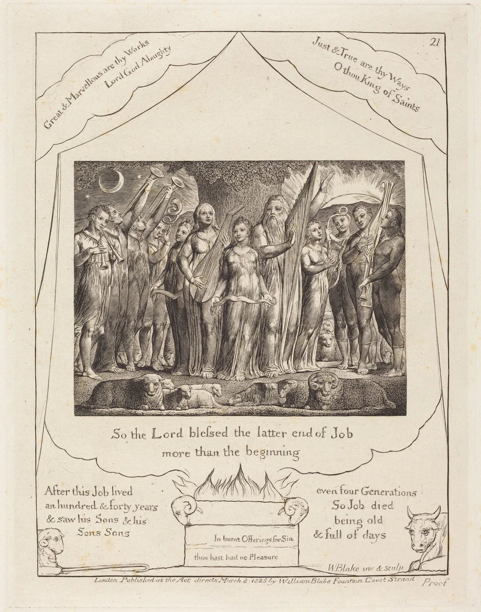 Job and His Wife Restored to Prosperity by William Blake, print, 1825