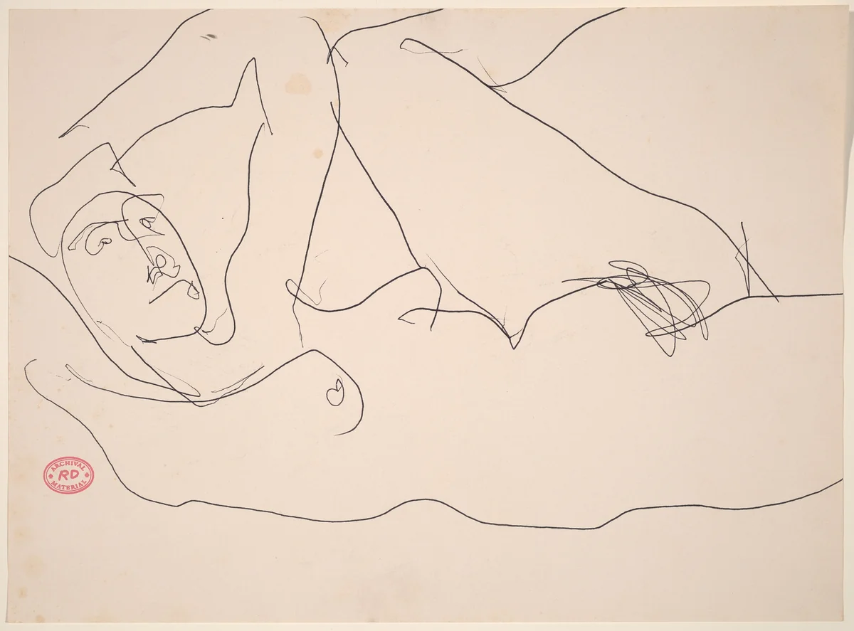 Untitled [reclining female nude with left arm and leg raised] by Richard Diebenkorn, drawing, 1955-1967