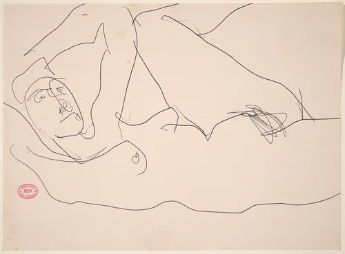 Untitled [reclining female nude with left arm and leg raised] by Richard Diebenkorn, drawing, 1955-1967