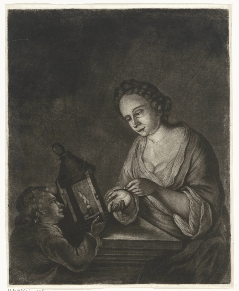 Jongen ontvangt geld van een vrouw by Jacob Hoolaart, print, 1723-1789