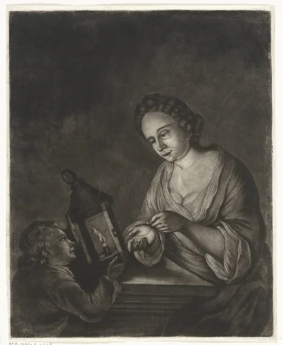Jongen ontvangt geld van een vrouw by Jacob Hoolaart, print, 1723-1789